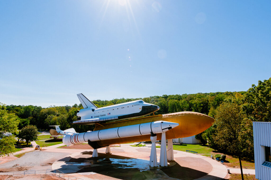 Space Shuttle Pathfinder with its orange external tank and solid rocket boosters