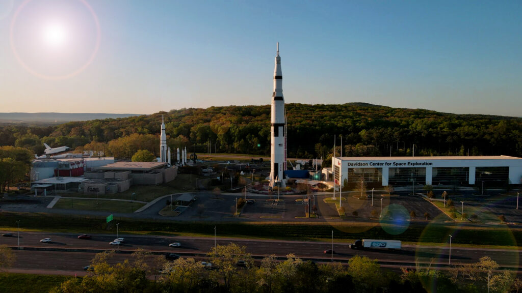 aerial view of the USSRC and the Saturn V rocket