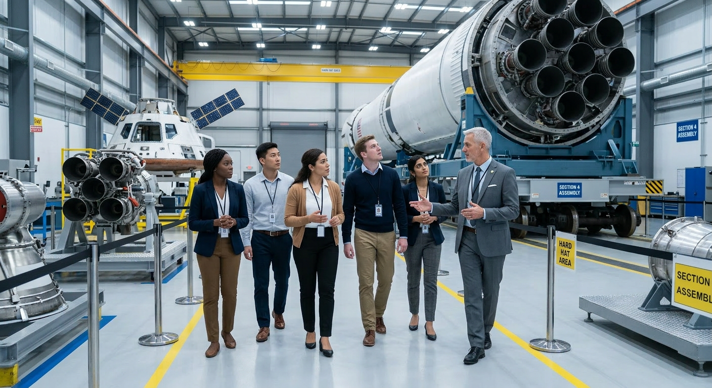 AI image of college aged students walking around a rocket mission floor