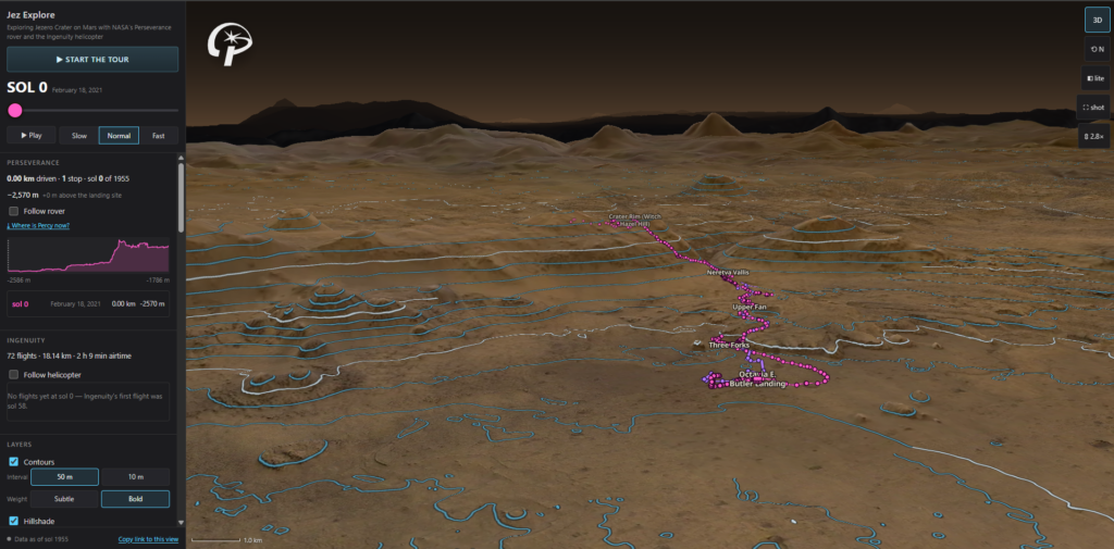 Follow along with the Perseverance Rover and Ingenuity Helicopter as they explore Jezero Crater and its surroundings on Mars.