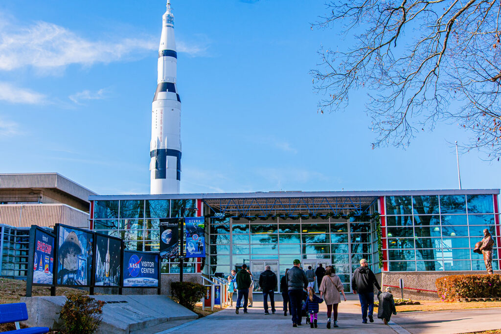 Entrance of Rocket Center with decorations
