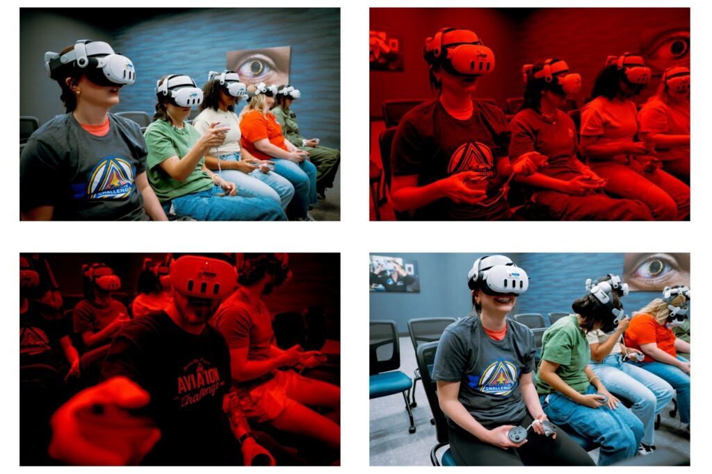 a group of adults trying out the Night Vision room in the new Inspiration4 building