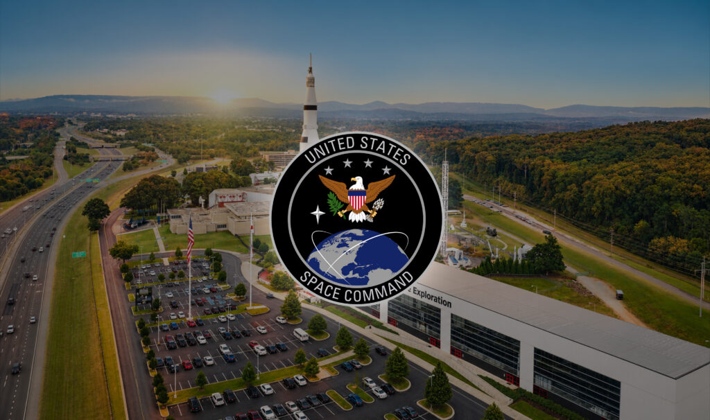 Aerial view of the Space & Rocket Center with Space Command logo