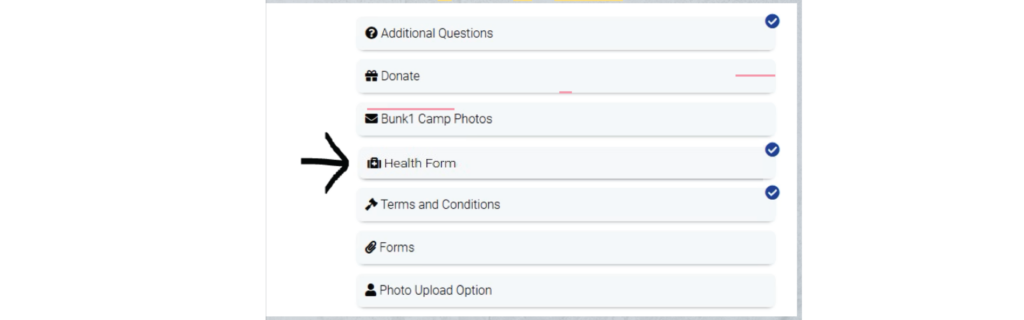Registration checklist showing the Health Form step