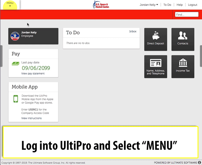 UltiPro employee dashboard: log in and select Menu
