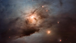 Interactive astronomy view of a dark nebula and glowing stars