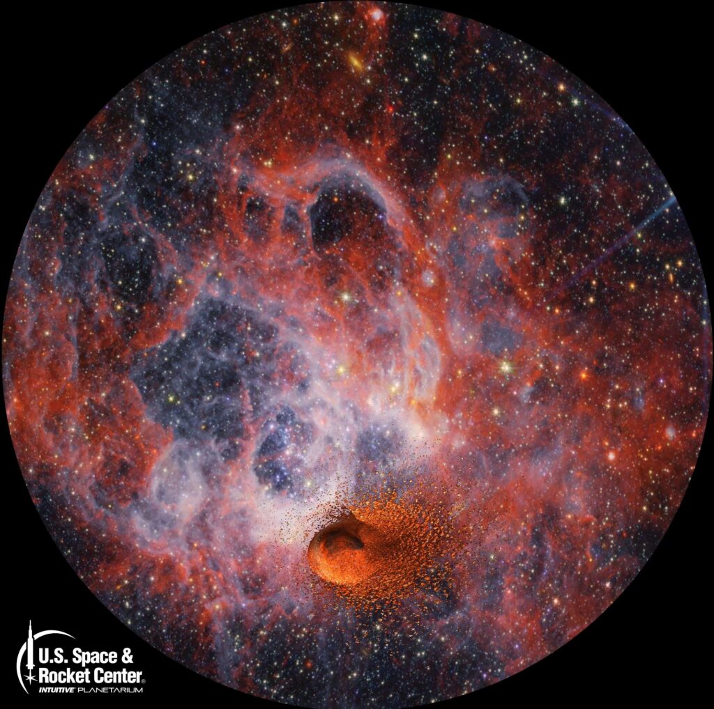 Fulldome still: a red nebula filled with stars