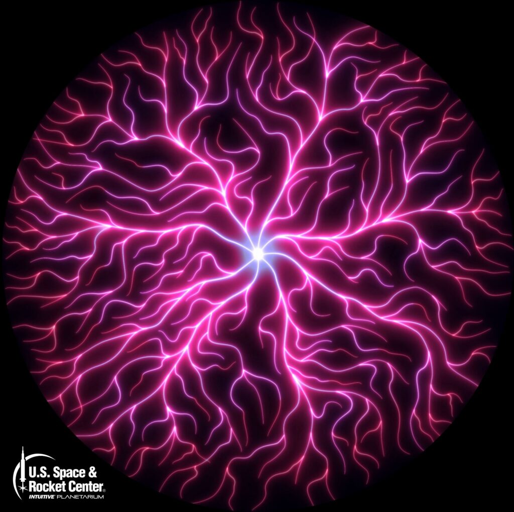 Fulldome still: glowing pink branching filaments