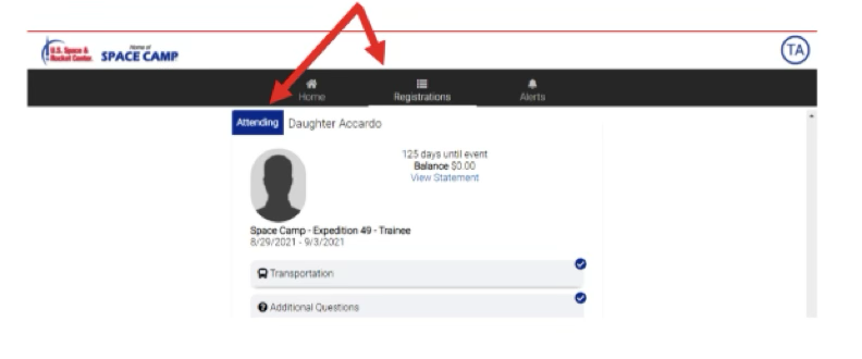 Mission Control dashboard with arrows pointing to the Home and Registrations tabs