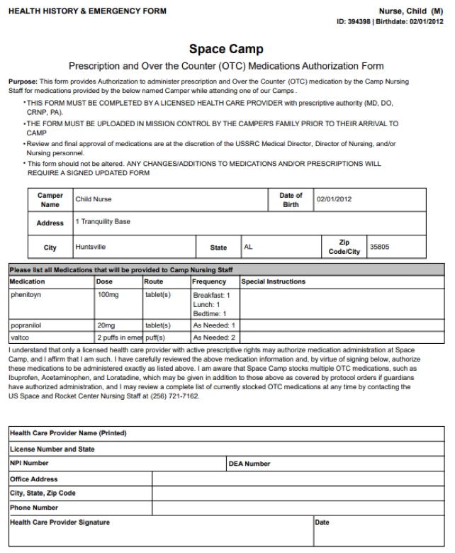 Sample Health History and Emergency Form showing the prescription and OTC medication section