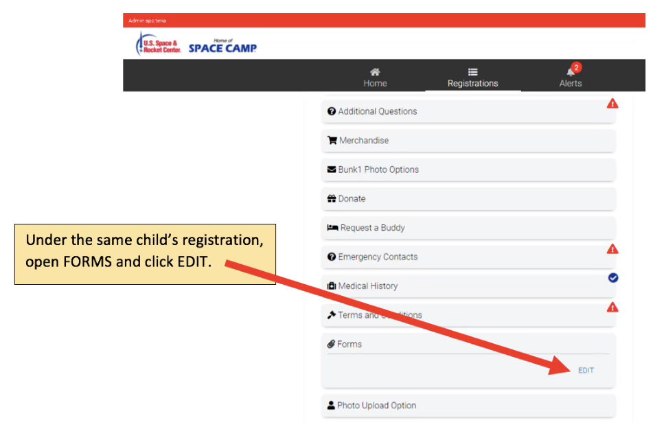 Registration menu: under the same child's registration, open Forms and click Edit