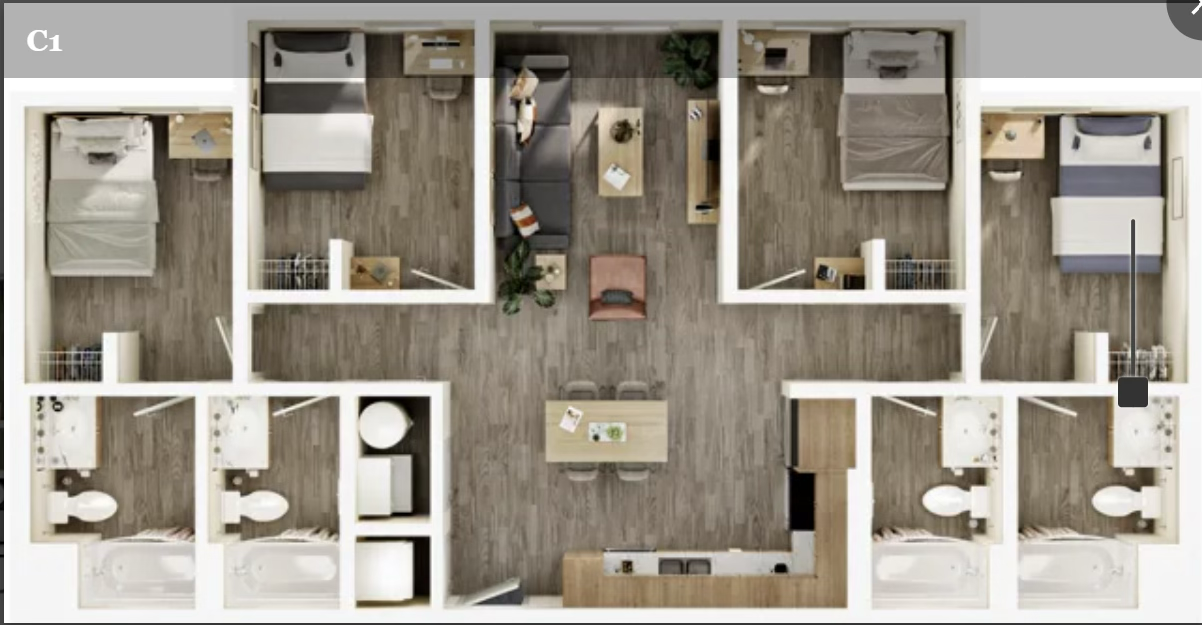 Floor plan of a four-bedroom suite with shared bathrooms and a common living area