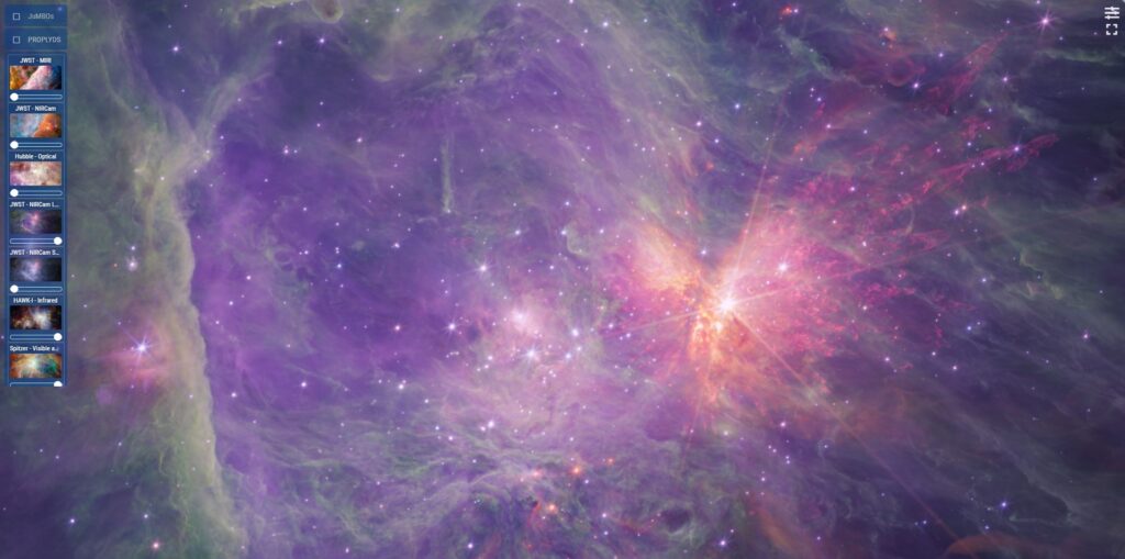 Webb telescope image of a purple and pink nebula in the interactive viewer
