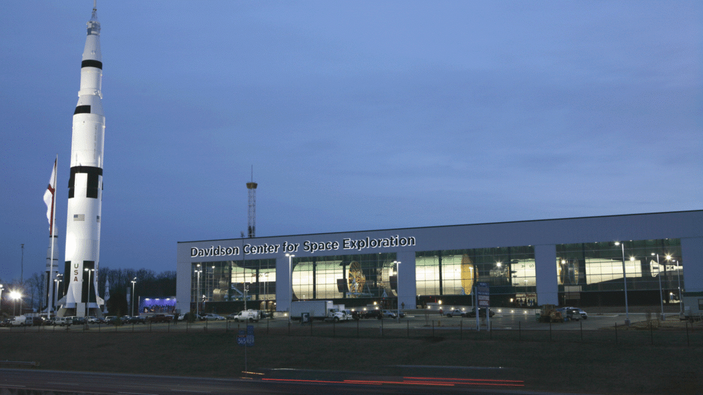 Davidson Center for Space Exploration and the Saturn V replica at dusk